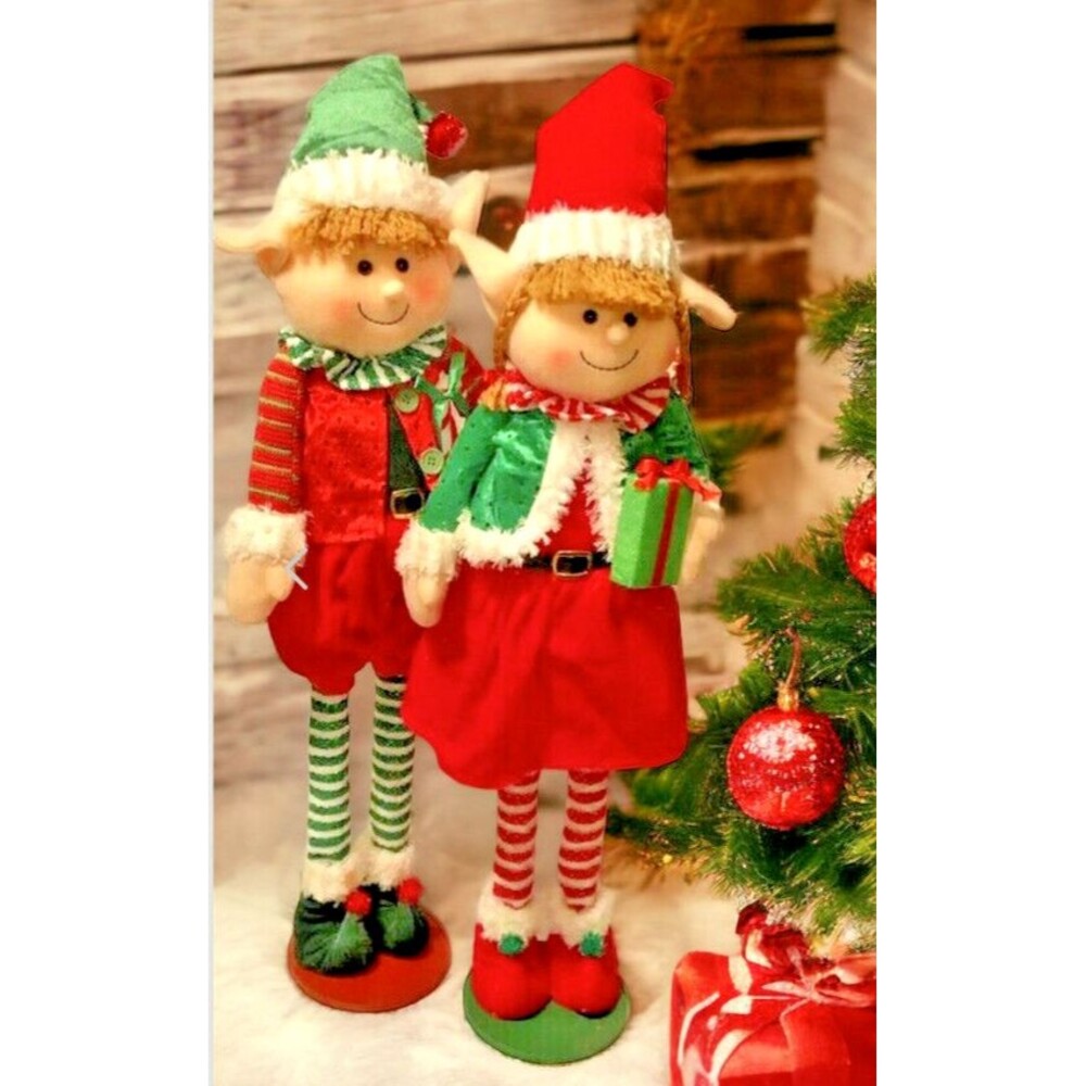 Christmas Elf Couple Window Porch Greeters Blonde Elf Doll Extendable 14-26"